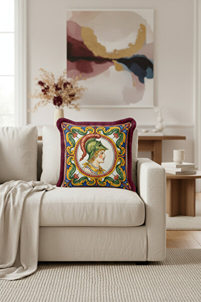 Evimde Bambaşka غطاء وسادة مزين بشراشيب بتصميم فني باروكي - غطاء وسادة مزين بشراشيب بلون بورجوندي بتصميم عصر النهضة
