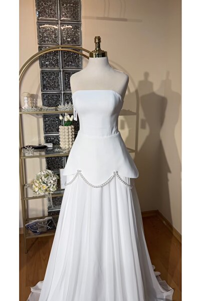 MODA Gelinlik-Nikah-Söz-İsteme Elbisesi-Peplum-İnci Detay-Şık-Zarif