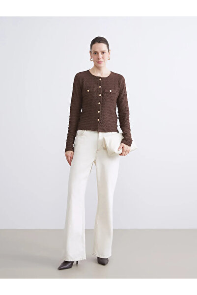 LC Waikiki LCWAIKIKI Basic Kahverengi Bisiklet Yaka Dokulu Kadın Hırka