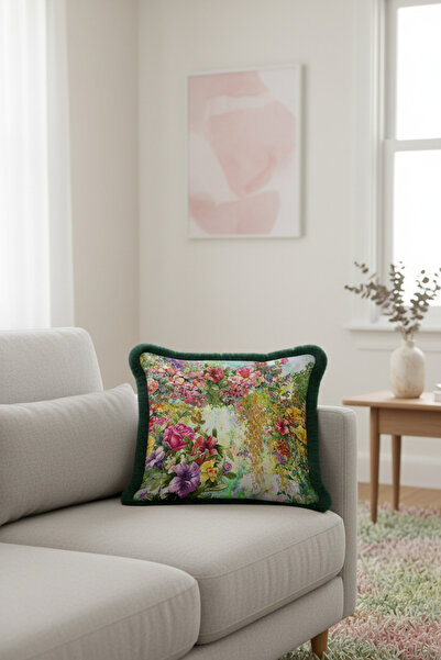 Evimde Bambaşka غطاء وسادة فاخر بتصميم حديقة الزهور - غطاء وسادة مزين بشراشيب...