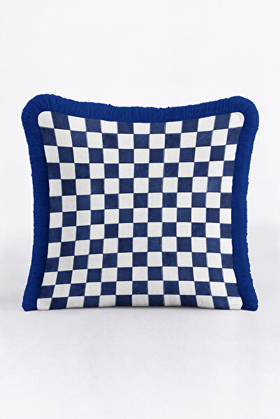 Evimde Bambaşka Lüks Damalı Saçaklı Yastık Kılıfı - Modern Lacivert Beyaz Püs...