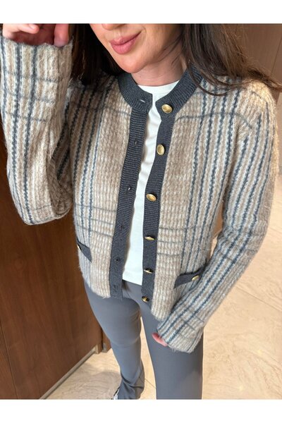 Lavanta Tekstil Gold Buttoned Gray Striped Knitwear Jacket Cardigan