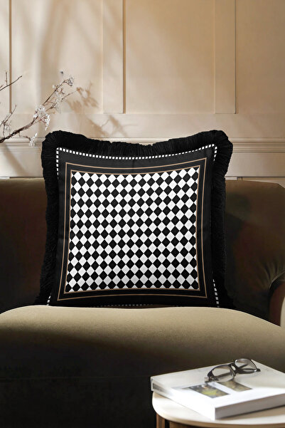 Evimde Bambaşka Lüks Ekose Saçaklı Yastık Kılıfı - Monokrom Modern Siyah Altı...
