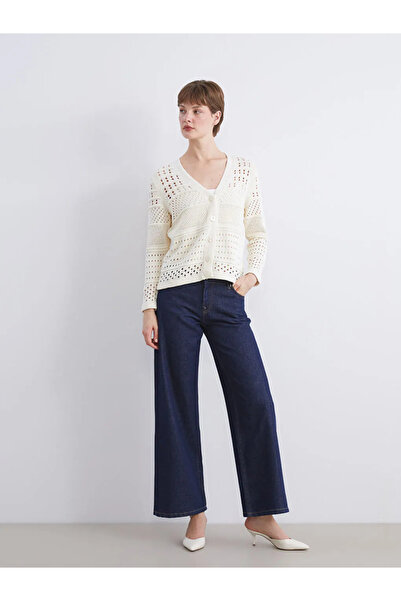 LC Waikiki Cardigan tricot pentru femei LCW Comfort Ecru cu decolteu în V tri...