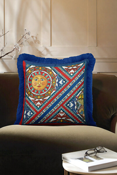 Evimde Bambaşka Husă de pernă cu franjuri cu motiv mediteranean-Husă de pernă...