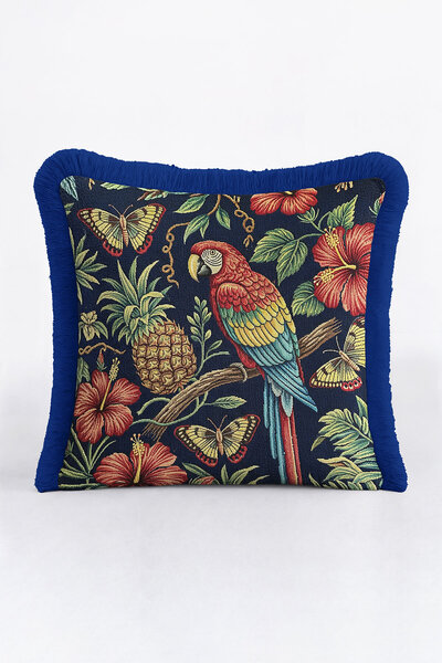 Evimde Bambaşka Exotic Tropical Garden Fringe Pillowcase - Bohemian Navy Blue...