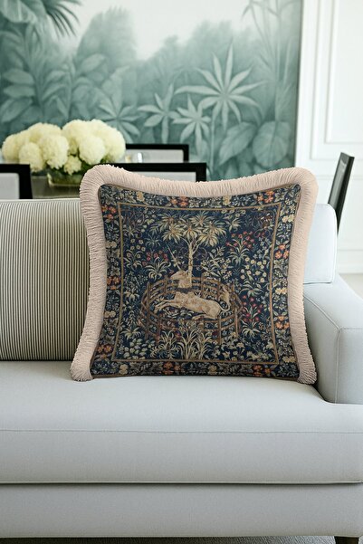 Evimde Bambaşka Husă de pernă cu franjuri Royal Vintage Unicorn - Husă de pernă cu ciucuri, cu flori și cal, clasică, albastru închis