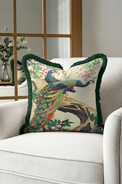 Evimde Bambaşka غطاء وسادة فاخر بتصميم الطاووس - غطاء وسادة بوهيمي مزين بشراش...