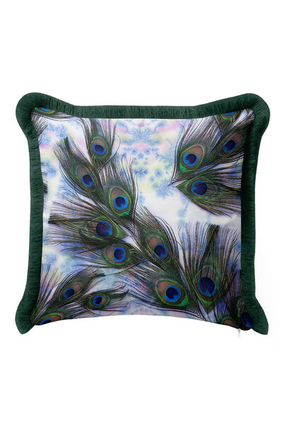 Evimde Bambaşka غطاء وسادة مزين بريش الطاووس - غطاء وسادة بوهيمي أخضر وأزرق م...