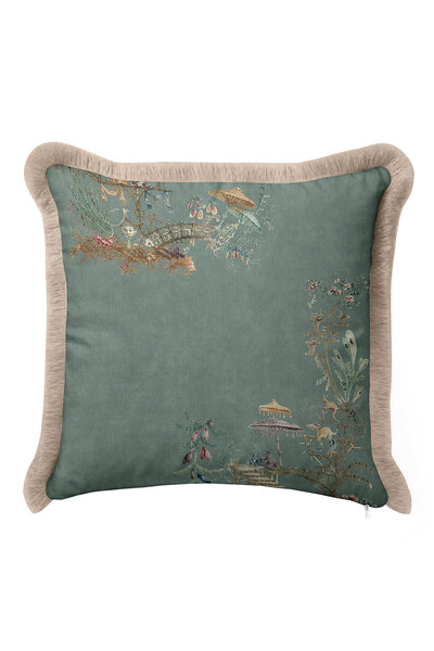 Evimde Bambaşka Husă de pernă elegantă din catifea smarald cu franjuri de lux...