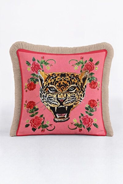 Evimde Bambaşka Luxury Leopard Print Fringe Pillowcase - Floral Bohemian Pink...