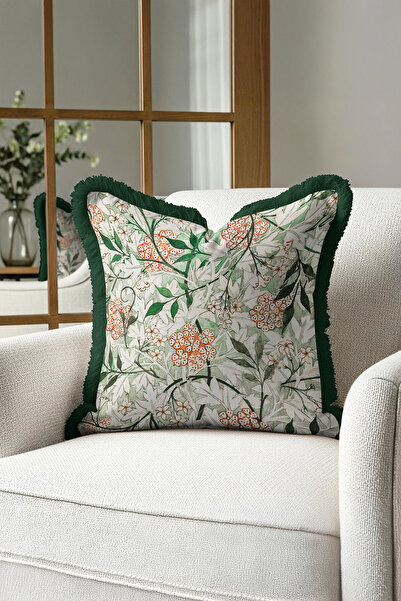 Evimde Bambaşka غطاء وسادة مزين بشراشيب بنمط الزهور النباتية - غطاء وسادة مزين بشراشيب خضراء بلون ربيع طبيعي