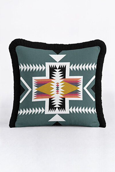Evimde Bambaşka غطاء وسادة عرقي أنيق ذو شراشيب - غطاء وسادة هندسي ريفي باللون الأخضر والأسود مع شراشيب