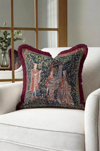 Evimde Bambaşka Royal Elegant Luxury Fringed Pillowcase - Classic French Burgundy Antique Rustic Tasseled Cushion Cover