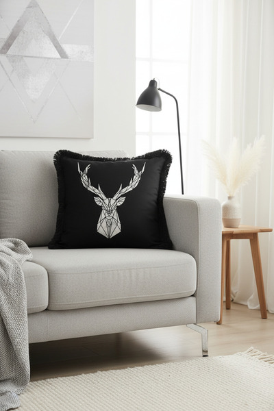 Evimde Bambaşka Husă de pernă cu franjuri cu figură de cerb geometric - Husă ...
