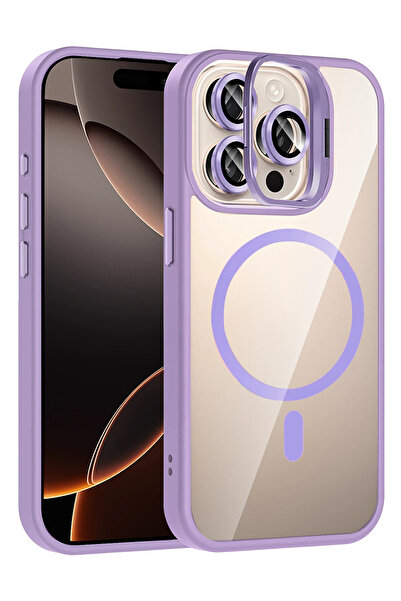 Fuchsia Apple iPhone 14 Pro Max Remim Lensli Magsafe Standlı Kapak - Lila