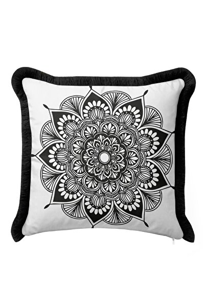 Evimde Bambaşka غطاء وسادة ماندالا باللونين الأسود والأبيض - غطاء وسادة مزين بشراشيب سوداء بوهيمية عرقية