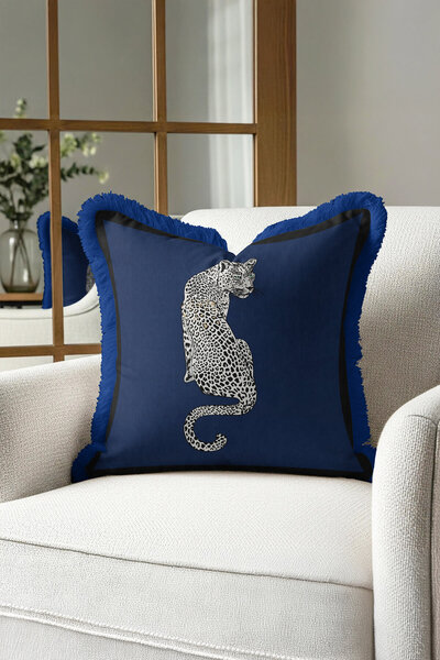 Evimde Bambaşka Lüks Leopar Figürlü Saçaklı Yastık Kılıfı - Asil Safir Mavi Eklektik Püsküllü Kırlent Kılıfı
