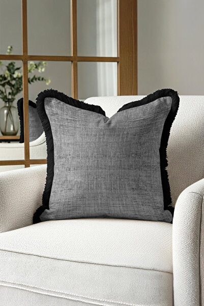 Evimde Bambaşka غطاء وسادة فاخر مزين بشراشيب بحواف فضية أنيقة - غطاء وسادة مز...