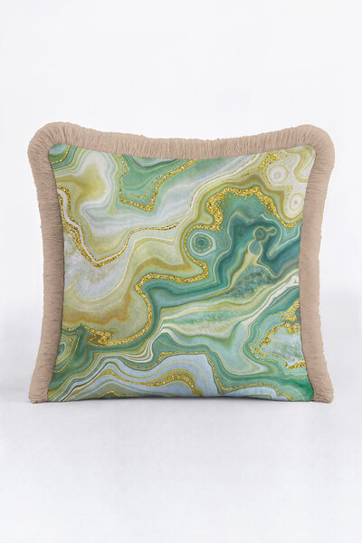 Evimde Bambaşka غطاء وسادة مزين بشراشيب من رخام الزمرد - غطاء وسادة فاخر وعصر...