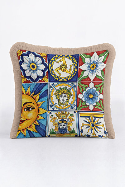 Evimde Bambaşka Mediterranean Motif Fringed Pillowcase - Sicilian Themed Ecle...