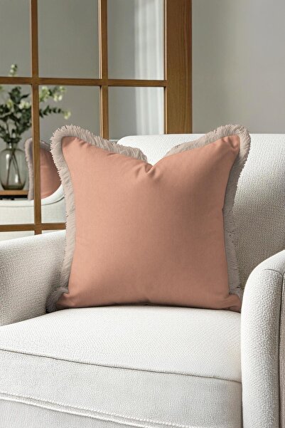 Evimde Bambaşka غطاء وسادة أنيق من المخمل الوردي مع شراشيب - غطاء وسادة عصري ...