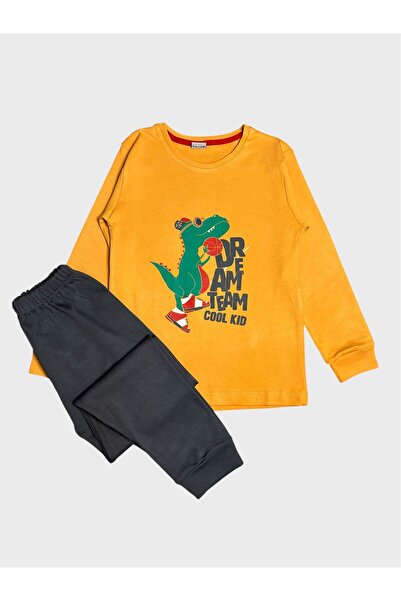 ALİŞ KİDS Boys' Cotton Yellow Dinosaur Patterned Long Sleeve Pajama Set