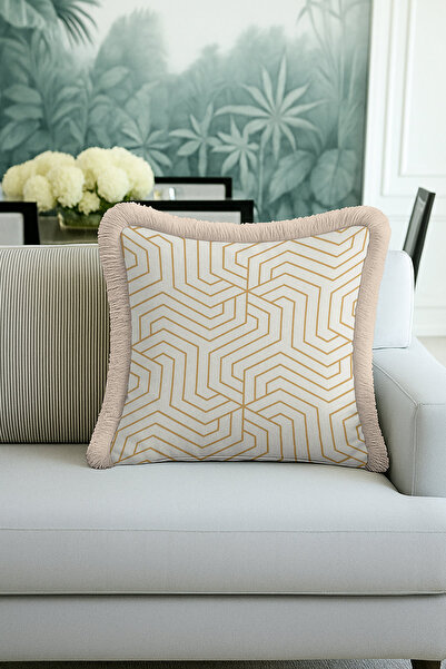 Evimde Bambaşka غطاء وسادة فاخر بتصميم هندسي عصري - غطاء وسادة أنيق بنمط آرت ديكو باللون البيج الكريمي مع شراشيب