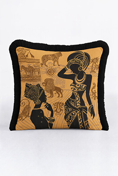 Evimde Bambaşka Husă de pernă elegantă cu franjuri, inspirată din Africa - Husă de pernă cu franjuri, etnică, sălbatică, safari, neagră, crem