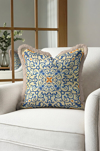Evimde Bambaşka Palace Splendor Blue Gold Color Fringed Pillowcase-Ornament G...