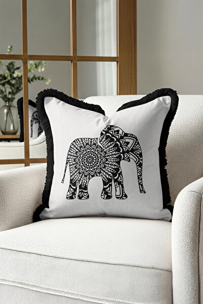Evimde Bambaşka Husă de pernă cu franjuri Mandala Elephant Elegance - Husă de pernă cu franjuri, inspirată de boemia, în alb și negru