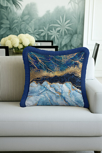 Evimde Bambaşka غطاء وسادة فاخر بتأثير الرخام - غطاء وسادة مزين بشراشيب بلون ...