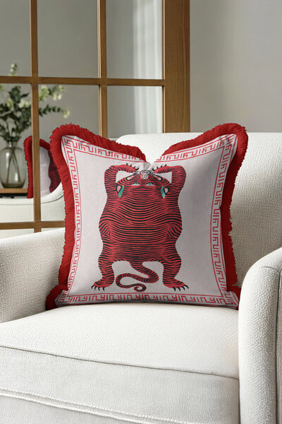 Evimde Bambaşka Exotic Tiger Motif Fringed Pillowcase - Asian Inspired Red Et...