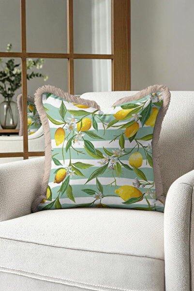 Evimde Bambaşka غطاء وسادة مزين بشراشيب من ليمون جاردن - غطاء وسادة مزين بشراشيب بخطوط خضراء منعشة على الطراز المتوسطي