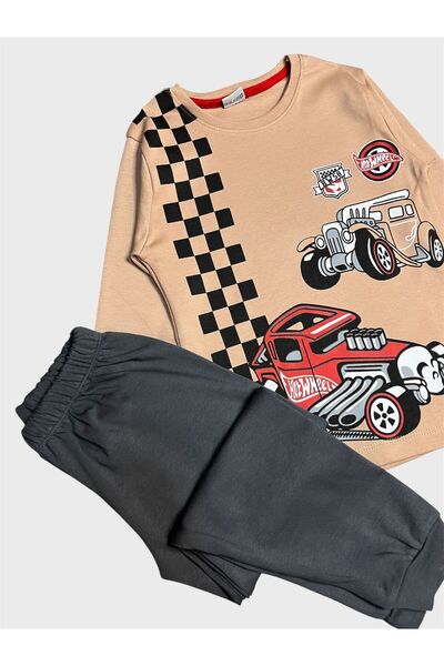 ALİŞ KİDS Set de pijamale cu mâneci lungi, din bumbac, culoare bej, cu model de jeep pentru băieți