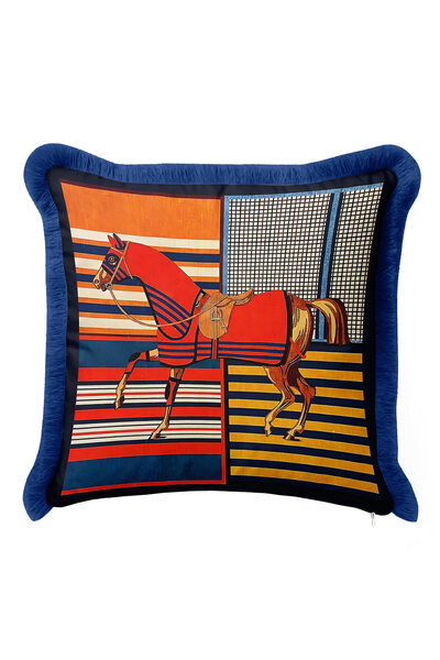 Evimde Bambaşka At Figürlü Lüks Saçaklı Yastık Kılıfı - Zarif Eklektik Sarı Lacivert Püsküllü Kırlent Kılıfı