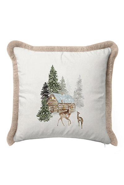 Evimde Bambaşka Husă de pernă cu franjuri Winter's Tale - Husă de pernă cu franjuri din lemn natural, rustic, bej