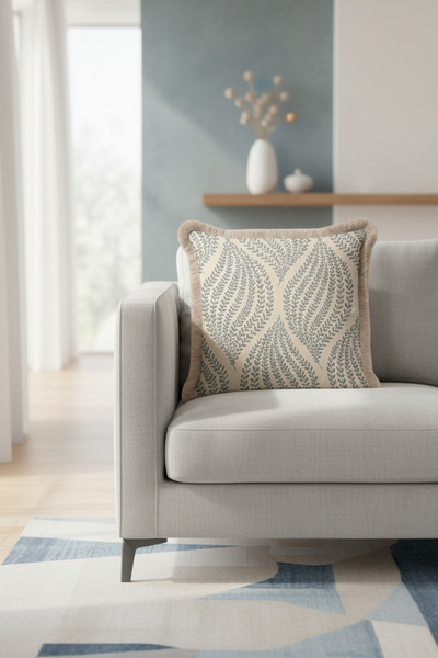 Evimde Bambaşka غطاء وسادة أنيق بتصميم أوراق الشجر مع شراشيب - غطاء وسادة عصري بلون بيج كريمي طبيعي مع شراشيب رمادية كريمية