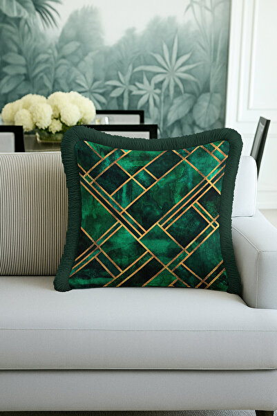 Evimde Bambaşka غطاء وسادة أنيق بخطوط هندسية وشراشيب - غطاء وسادة عصري باللون...