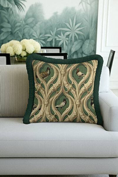 Evimde Bambaşka غطاء وسادة فاخر مزين بشراشيب على شكل طائر باروكي - غطاء وسادة...