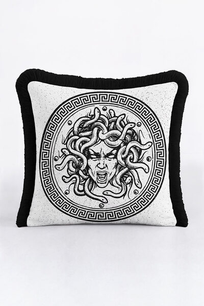 Evimde Bambaşka Fringed Pillowcase with Mythological Medusa Figure - Greek-In...