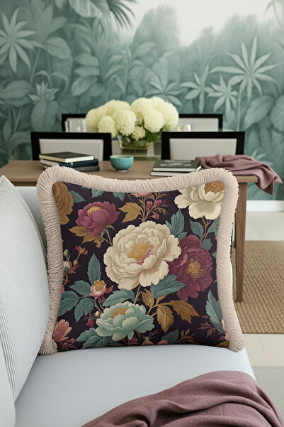 Evimde Bambaşka غطاء وسادة فاخر بنمط الزهور الكلاسيكية مع شراشيب - غطاء وسادة...