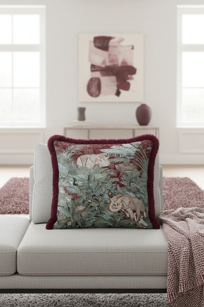 Evimde Bambaşka Luxury Forest-Themed Fringed Pillowcase - Exotic Nature Bohemian Burgundy Green Tasseled Cushion Cover