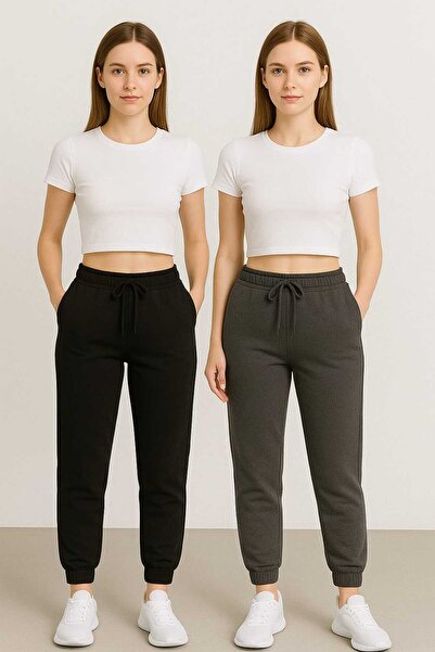 TREND ALİSSE 2 ΤΕΜΑΧΙΑ ΜΑΥΡΟ-ΑΝΘΡΑΚΙΤΙΚΟ Παντελόνι Jogger με Κανονική Εφαρμογ...