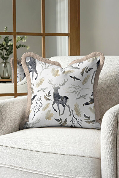 Evimde Bambaşka غطاء وسادة فاخر بتصميم حيوانات الغابة - غطاء وسادة مزين بشراش...