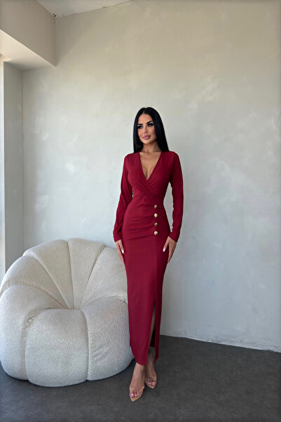 LİLA İSTANBUL Πλεκτό φόρεμα με διπλό λαιμόκοψη και λεπτομέρεια με κουμπιά στο...