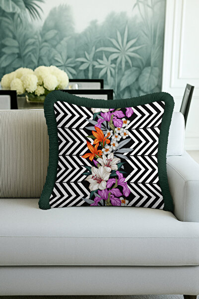 Evimde Bambaşka غطاء وسادة فاخر بخطوط هندسية وشراشيب - غطاء وسادة عصري بزهور استوائية وشراشيب خضراء