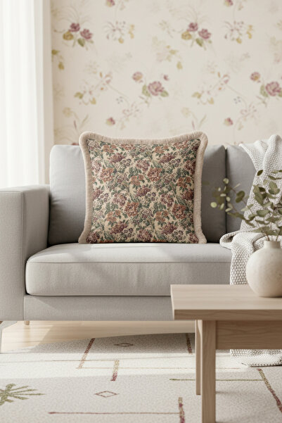 Evimde Bambaşka Lüks Vintage Çiçekli Saçaklı Yastık Kılıfı - Klasik Nostaljik Bej Püsküllü Kırlent Kılıfı