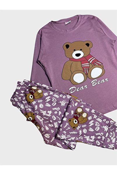 ALİŞ KİDS Kız Çocuk Pamuklu Lila Renk Ayıcık Desenli Uzun Kollu Pijama Takımı