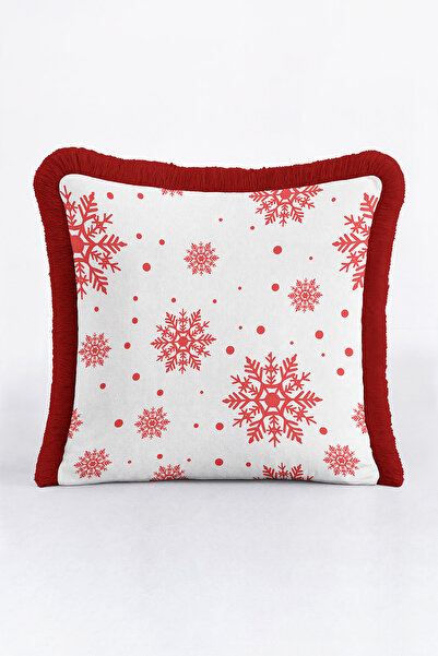 Evimde Bambaşka Red Snowflake Fringed Pillowcase - Winter Themed Modern White...